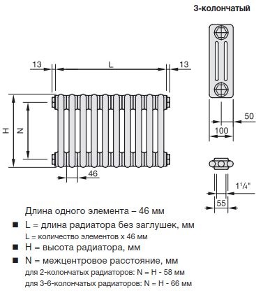 Габаритные размеры 3-х трубчатых радиаторов Zehnder